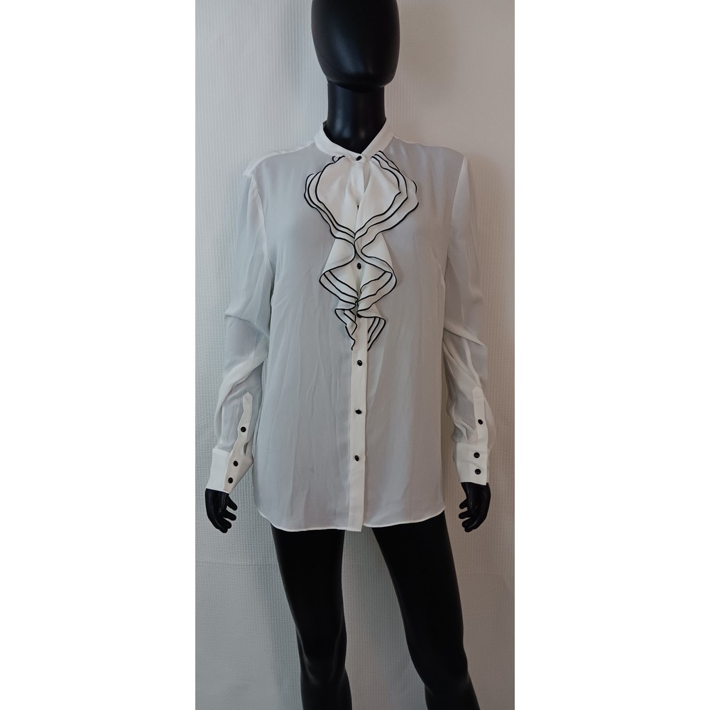 White House Black Market White Ruffle Jabot Blouse Black Trim Size 14 Long Slv